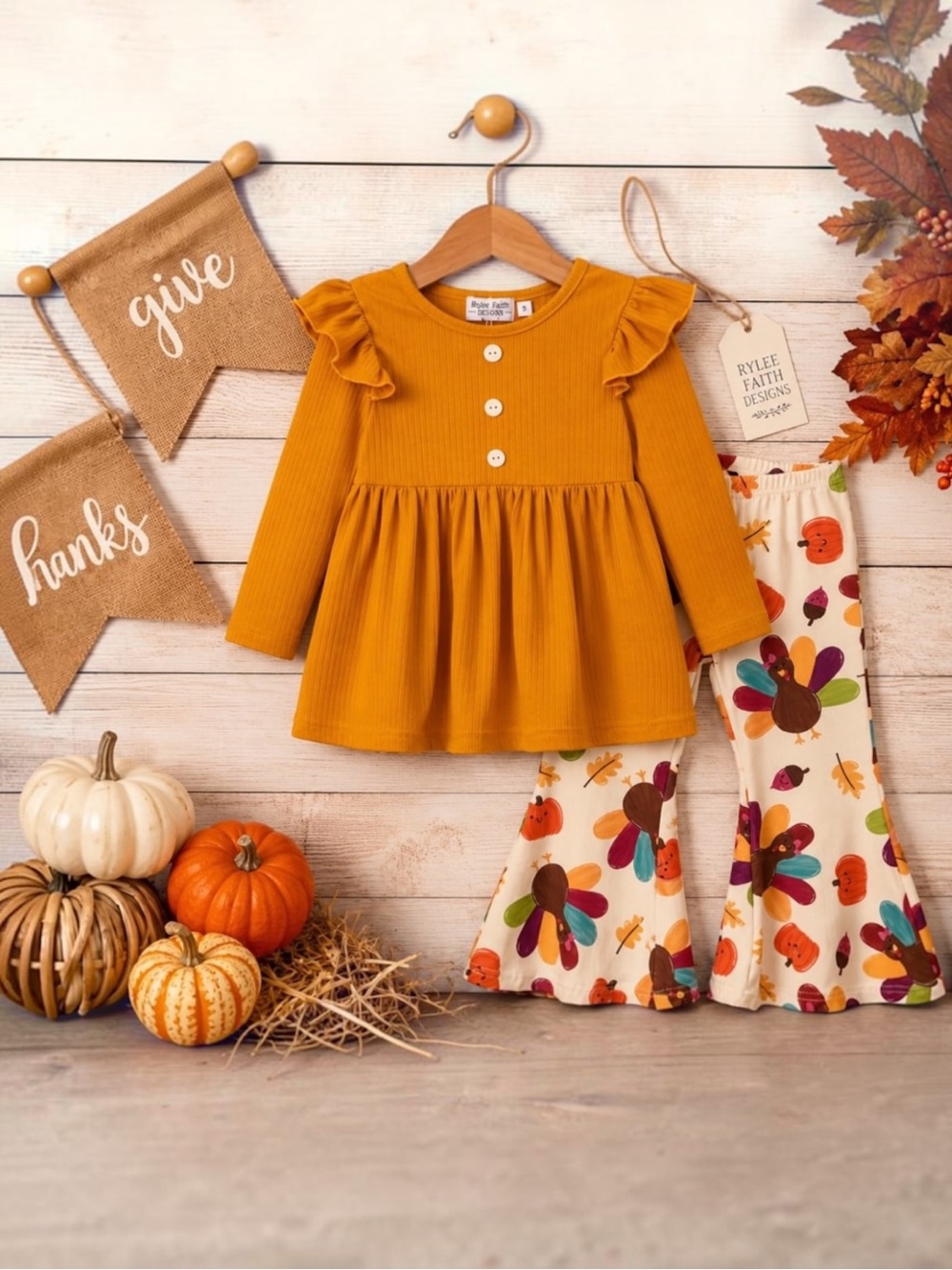 New Rylee Faith Designs Thanksgiving Turkey Bell Bottom Outfit Girls Size 2